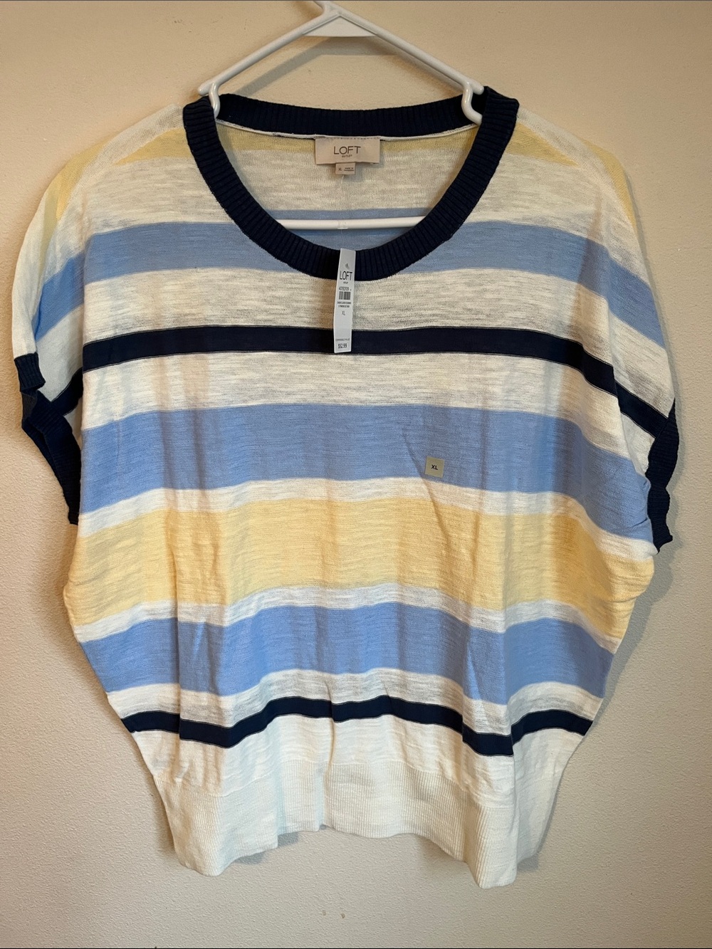 LOFT Striped Short Sleeve Sweater in Blue, Yellow, White, Navy